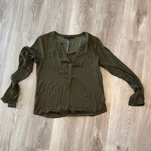 White House Black Market Olive Green Sheer V-Neck Blouse